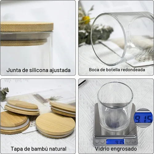 Vista 5 de Creahaus Paquete de 16 tarros de vela gruesos de 10 onzas con tapas de bambú para hacer velas, recipientes de vidrio vacío transparente a granel