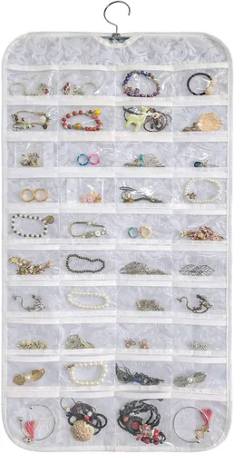 Vista 18 de BB Brotrade Organizador colgante de joyas, organizador de accesorios, organizador de 80 bolsillos para guardar joyas (beige)