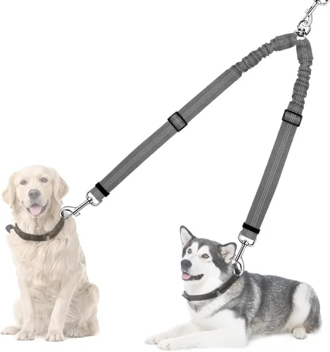 Vista 10 de Correa doble para perros, sin enredos, rotación giratoria de 360°, reflectante, con extensión de bungee, divisor para dos perros, cómoda