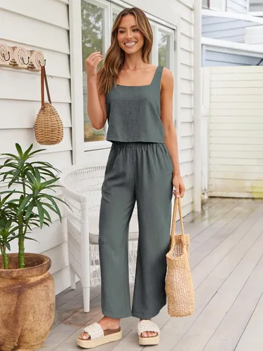 Vista 4 de AUTOMET 2 Piece Summer Outfits for Women Casual Lounge Matching Sets Linen Crop Top Long Pants 2024 Fashion Clothes