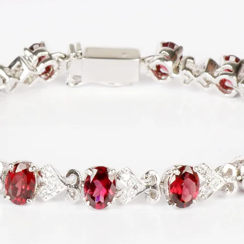 Vista 2 de GEMHUB Pulsera de piedras preciosas de granate rojo de 0.71 oz de forma ovalada de plata de ley de 7 pulgadas con cierre de seguridad, Piedra