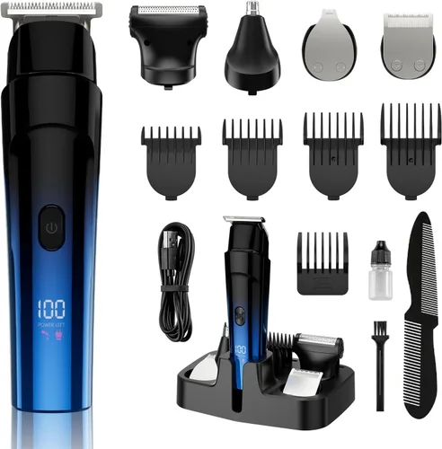 Vista 7 de RUIBO Cortadora de barba para hombres, kit de cortapelos inalámbrico 5 en 1 con maquinilla de afeitar de aluminio, peluquería corporal impermeable