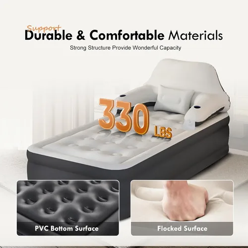 Vista 3 de Colchón de aire tamaño individual con cabecera ajustable y bomba, colchón inflable de la cama inflable