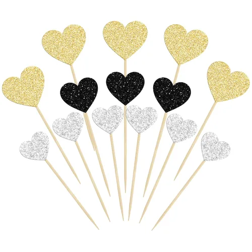Vista 17 de Gyufise 30 adornos de corazón para cupcakes con purpurina de tamaño mixto con temática de dulce amor, decoración de pastel de corazón, boda Negro