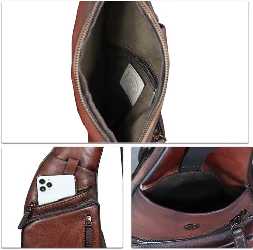 Vista 7 de Bolso bandolera de cuero genuino para hombre, estilo vintage, hecho a mano, mochila de senderismo, mochila retro cruzada, Marrón claro, Mediana
