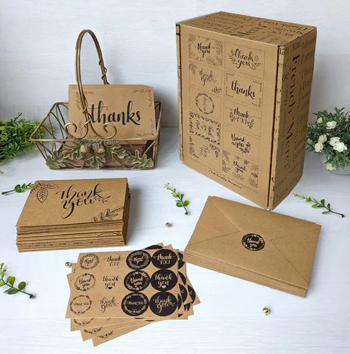 Vista 5 de 150 tarjetas de agradecimiento con sobres y calcomanías de papel kraft marrón a juego, 10 diseños elegantes de papel kraft a granel, notas en blanco