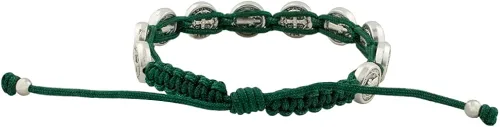 Vista 2 de Pulsera tejida con 10 medallas de San Benito Cordón verde cazador y cuentas de metal en tono plateado San patrón de los estudiantes y Europa Gran