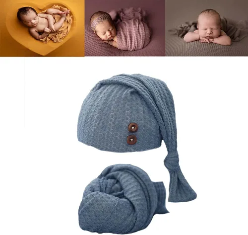 Vista 4 de Envoltura de fotografía para bebé recién nacido con sombrero de cola larga para niño y niña, trajes de ganchillo para fotos (azul)