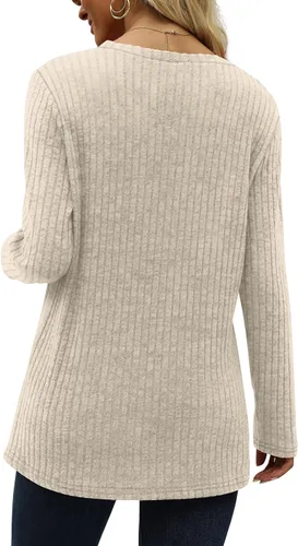 Vista 4 de OFEEFAN Blusa tipo túnica de manga larga para mujer, cuello redondo, botones laterales divididos