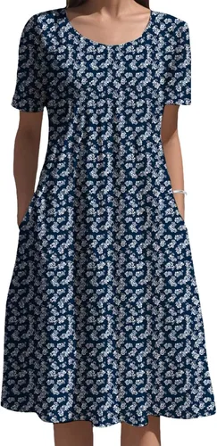 Vista 20 de Vestidos bohemios para mujer, estampado floral, manga corta, cuello redondo, talla grande, vestido de vacaciones con bolsillos para verano 2025