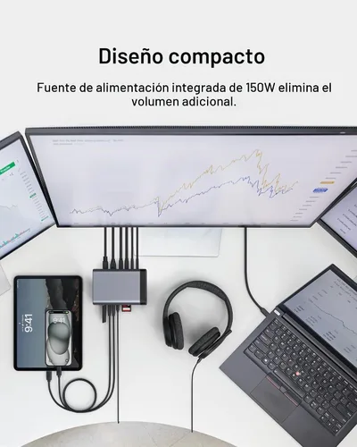 Vista 7 de Belkin Hub USB-C 11 en 1 Pro GaN 150W Triple 4K HDMI Windows, portátiles estación de acoplamiento, USB-A, Ethernet, SD, MicroSD, audio de 0.1 in
