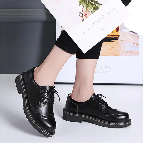 Vista 6 de Zapatos Oxford para mujer, zapatos perforados con cordones y punta redonda de cuero de tacón bajo para niñas y mujeres