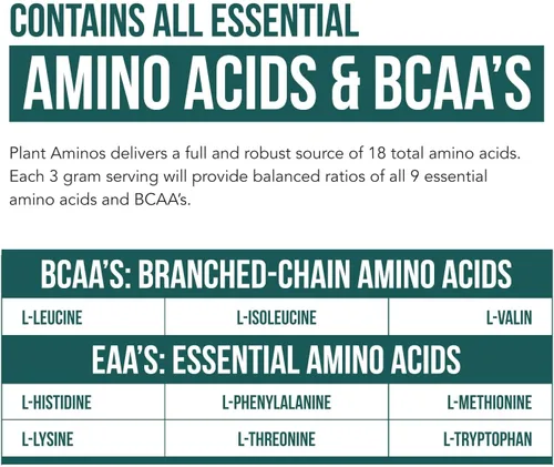 Vista 4 de Suplemento de Aminoácidos Esenciales Orgánicos Plant Aminos (EAAs) y BCAA - 100% a Base de Plantas Crudas, Vegano - Todos los 9 Aminoácidos