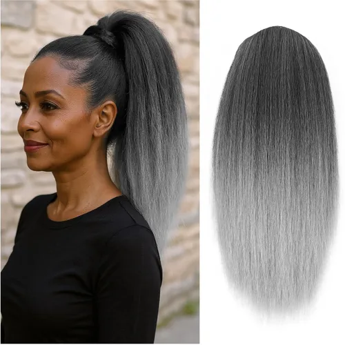 Vista 25 de Cola de caballo recta Yaki de 12 pulgadas con cordón para mujeres negras, sintética, gruesa, recta, longitud del hombro, extensión de cola