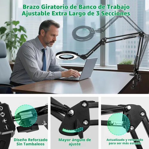 Vista 7 de Lupa ultra larga de 3 secciones con brazo de 3 secciones con luz y soporte, lupa iluminada LED con manos que ayudan Lámpara de escritorio