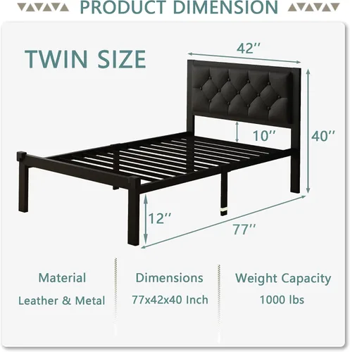 Vista 2 de Feonase Marco de cama de metal tamaño doble con cabecera capitoné de cuero sintético con botones, marco de cama tipo plataforma resistente
