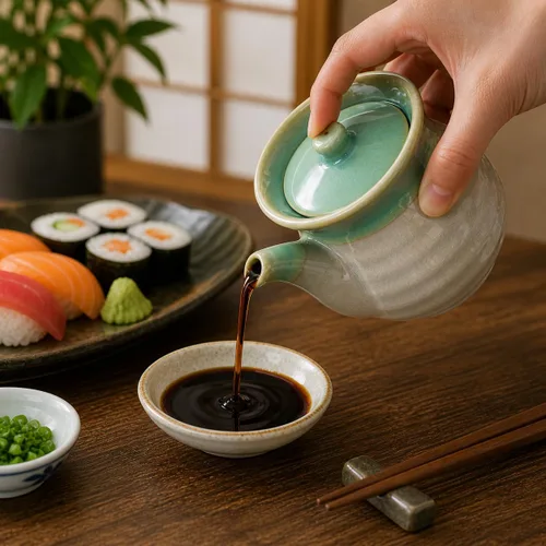 Vista 4 de Dispensador de botellas de salsa de soja japonesa, 1 paquete, olla de cerámica Shoyu con tapa, servidor de salsa de soja tradicional estilo Tenmoku