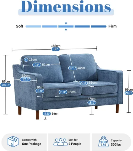 Vista 2 de Kingfun Sofá de Chenille de 56", Sofá de Dos Plazas, Sofá Moderno de Mediados de Siglo con Marco de Madera Maciza para Sala de Estar y Dormitorio
