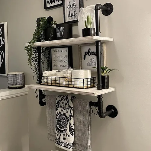 Vista 14 de ROGMARS - Estantería industrial de tuberías para baño, estantes flotantes negros de 24 pulgadas para baño con toallero y ganchos, estantes montados