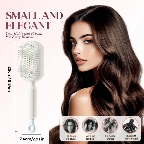 Vista 3 de Cepillo de pelo autolimpiante, cepillo retráctil con cerdas de masaje, peine antiestático fácil de limpiar para todo tipo de cabello, cepillo de Azul