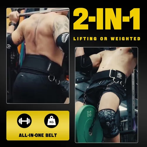 Vista 2 de Cinturón de levantamiento de pesas 2 en 1 y cinturón de inmersión con cadena de acero de 41 pulgadas, diseño de doble capa, cinturón de gimnasio