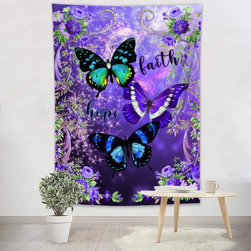 Vista 7 de LB Tapiz pequeño de mariposa colorido para colgar en la pared, diseño psicodélico de flores silvestres 3D, mariposas de fantasía floral, arte