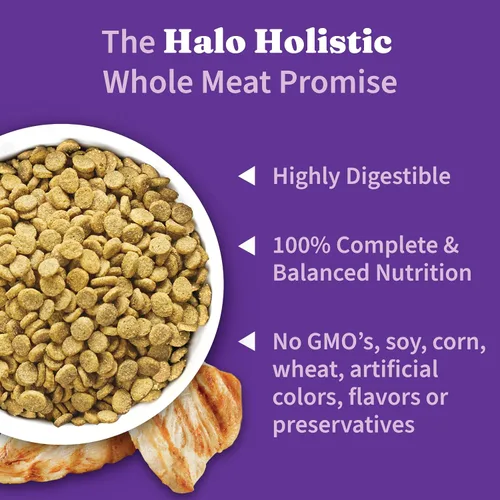 Vista 5 de Halo Holistic, comida para perros sin jaula con pollo libre y arroz integral, fórmula de cereales saludables, comida seca para perros, salud