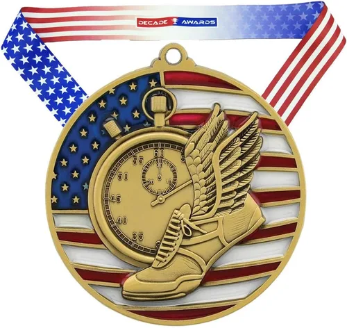 Vista 5 de Decade Awards Track & Field - Medalla patriótica - Oro, plata, bronce Premio al running rojo, blanco y azul con cinta de estrellas y rayas