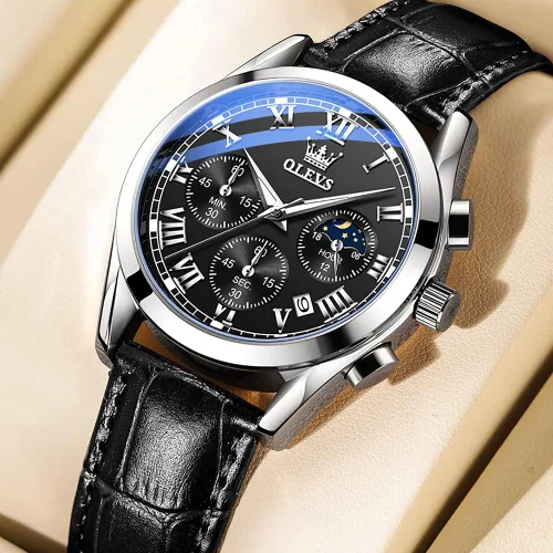 Vista 2 de OLEVS Watch for Men Chronograph Brown Leather Analog Quartz Fashion Business Dress Large Face Men Watch Day Date Luminous Waterproof Casual Male