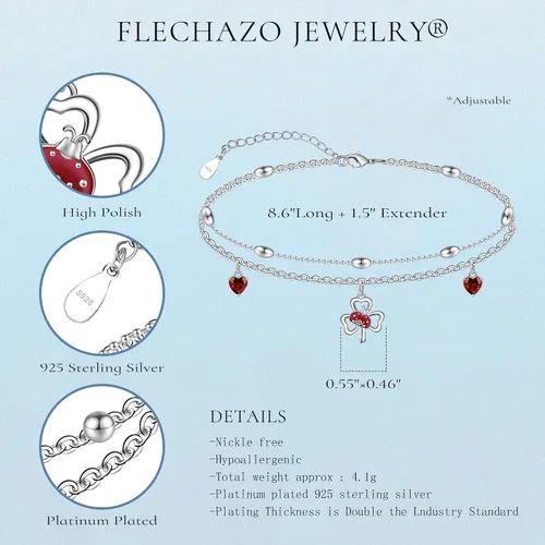 Vista 5 de FLECHAZO Tobilleras de plata de ley 925 para mujer, diseño de animales, mariquita, trébol, sombrero, onda, tobillera ajustable de 9 a 10 pulgadas