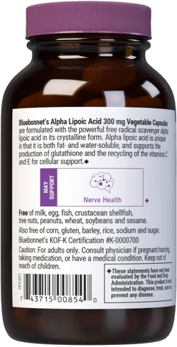 Vista 3 de BlueBonnet Ácido alfa lipoico de 300 mg – Potente suplemento antioxidante de apoyo nervioso para mujeres y hombres – Sin OMG, vegano, Kosher – Sin