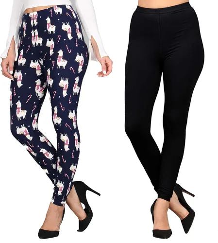Vista 13 de Lildy - Leggings súper suaves lisas e impresas para mujer, elásticas sin transparencias Rayas negras y rojas/paquete de dos negras