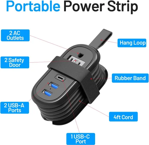 Vista 8 de BEVA Regleta de alimentación de viaje con puertos USB C, cable de extensión de 4 pies, 2 tomacorrientes, 3 puertos USB, artículos esenciales