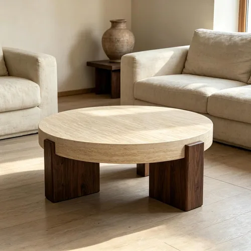 Vista 86 de Mesa de centro redonda de madera rústica de 29.7 pulgadas de 2 niveles con 29.7''-Rustic Natural