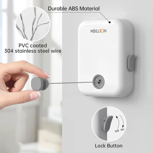 Vista 4 de [Usado] Mbillion Tendedero retráctil para interiores y exteriores, línea de ropa resistente para secar la ropa, línea de ropa colgante retráctil