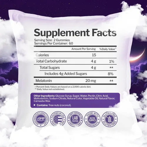 Vista 5 de Gomitas de melatonina de 20 mg (120 unidades) – Soporte para dormir de máxima fuerza para adultos con 10 mg de melatonina por gomita – Sin gluten