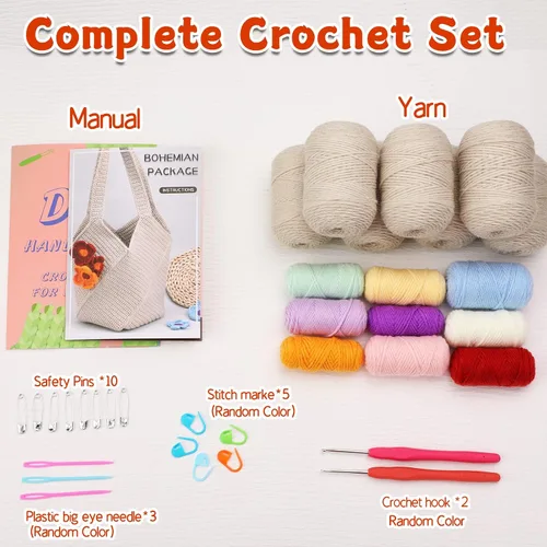 Vista 2 de Pnytty Beginner Crochet Kit for Adults, Shoulder Bag Crochet Starter Kit Beige