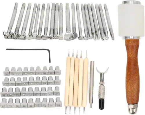Vista 8 de Leather Sculpture Stamping Tools Kit, Professional Leather Working Tools, 21 Patterns with English Letters and Numbers, DIY Leather Craft Set for