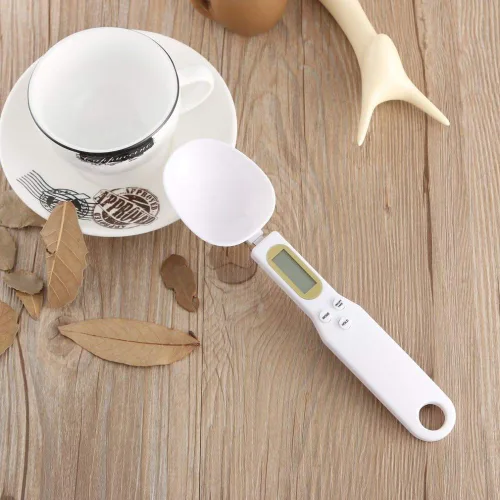 Vista 4 de Báscula electrónica de cuchara de alimentos de 17.64 oz/0.00 oz con peso para gramos y onzas, báscula digital de cocina con mango y boquilla