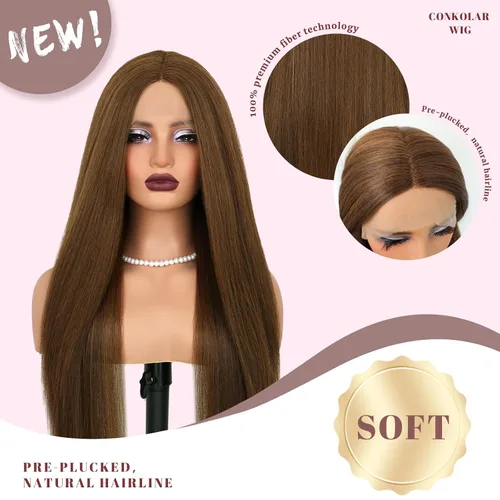 Vista 3 de Pelucas de encaje frontal sintético lacio marrón, sin pegamento, línea de cabello natural, con reflejos marrones, pelucas de encaje sintético marrón