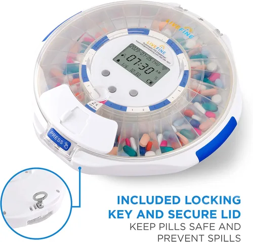 Vista 6 de Dispensador automático de pastillas Live Fine Smart WiFi con tapa transparente Organizador de medicación de 28 días hasta 9 dosis por día