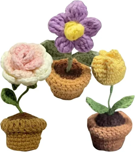 Vista 6 de JOONOR 3 mini plantas de ganchillo en maceta de girasol, flor de ciruelo falsa de punto para baño, hogar, cocina, mesa rústica, centro de mesa