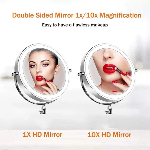 Vista 2 de Espejo de maquillaje con iluminación LED de 10 aumentos, espejo de maquillaje de doble cara giratorio de 360°, espejo de tocador LED para baño