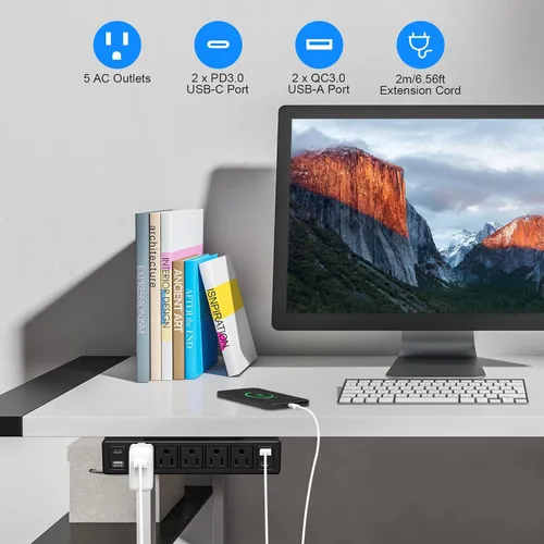 Vista 3 de Regleta de alimentación montable para debajo del escritorio de 40 W, enchufe plano de carga rápida USB-C de 20 W, protector de sobretensiones 1200J