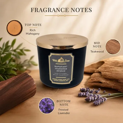 Vista 2 de Bath & Body Works, vela blanca con tres mechas, aceites de White Barn - 411 g - ¡Aromas centrales de 2021! (Intensa madera de teca y caoba)