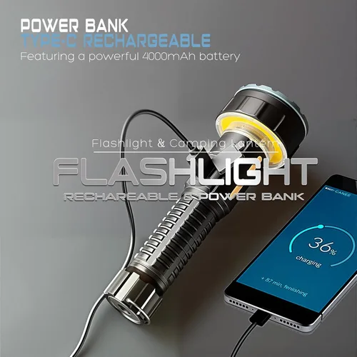 Vista 7 de Linterna recargable, 35000LM linternas tácticas brillantes, 4000 mAh con pantalla LCD, luz de flash potente ajustable con 3 modos de linterna