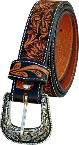 Vista 2 de Western Cuero Genuino Girasol Floral Tooled Casual Jeans Cinturón Con Hebilla Removeable 30AB101