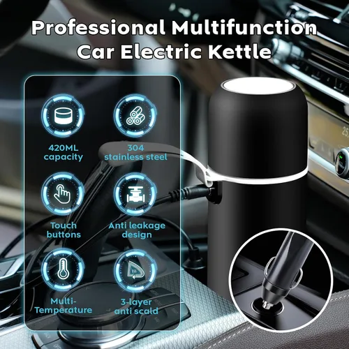 Vista 10 de Hervidor eléctrico de viaje, calentador de café de coche de 12 V/24 V, caldera de agua caliente portátil, pequeño calentador de agua caliente