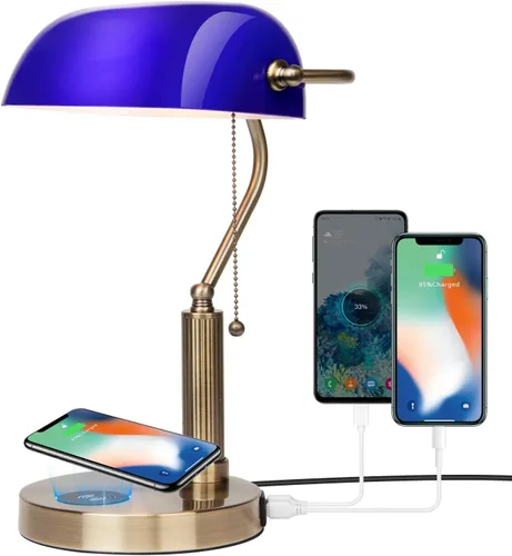 Vista 9 de FIRVRE Lámpara de Escritorio de Banco de Vidrio con Puerto de Carga Inalámbrica USB Lámpara de Escritorio LED Lámpara de Mesa con Cadena de Tirón