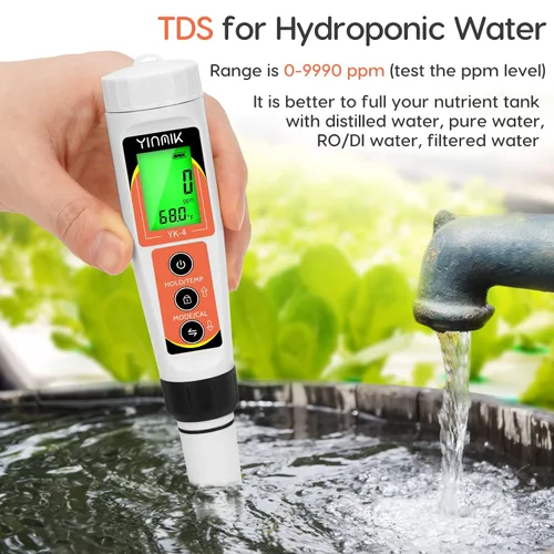 Vista 5 de Yinmik Medidor de pH, medidor digital 4 en 1 de pH EC TDS Temp para agua hidropónica, probador de agua impermeable DWC de pH y EC PPM